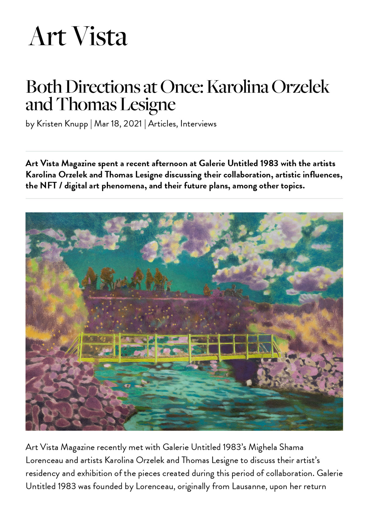 "Both Directions at Once : Karolina Orzelek and Thomas Lesigne", Kristen Knupp, Art Vista, March 18, 2021