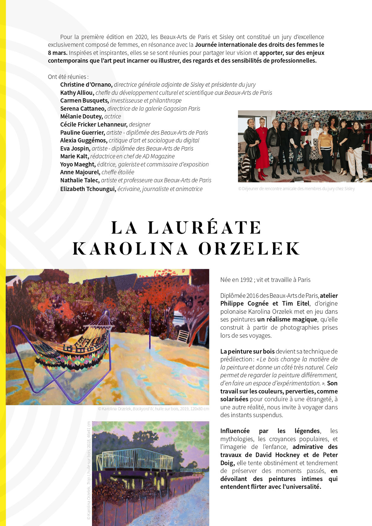 "Press release, Prix Sisley Beaux-Arts de Paris pour la Jeune Création", March 8, 2020