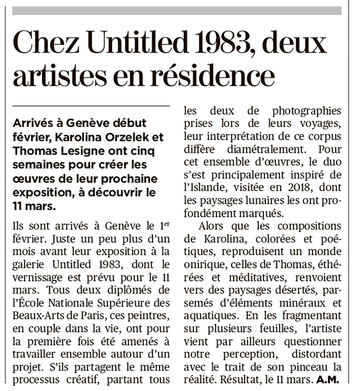 "Chez Untitled 1983, deux artistes en résidence", A. M., Tribune des arts - Tribune de Genève, March 4, 2021